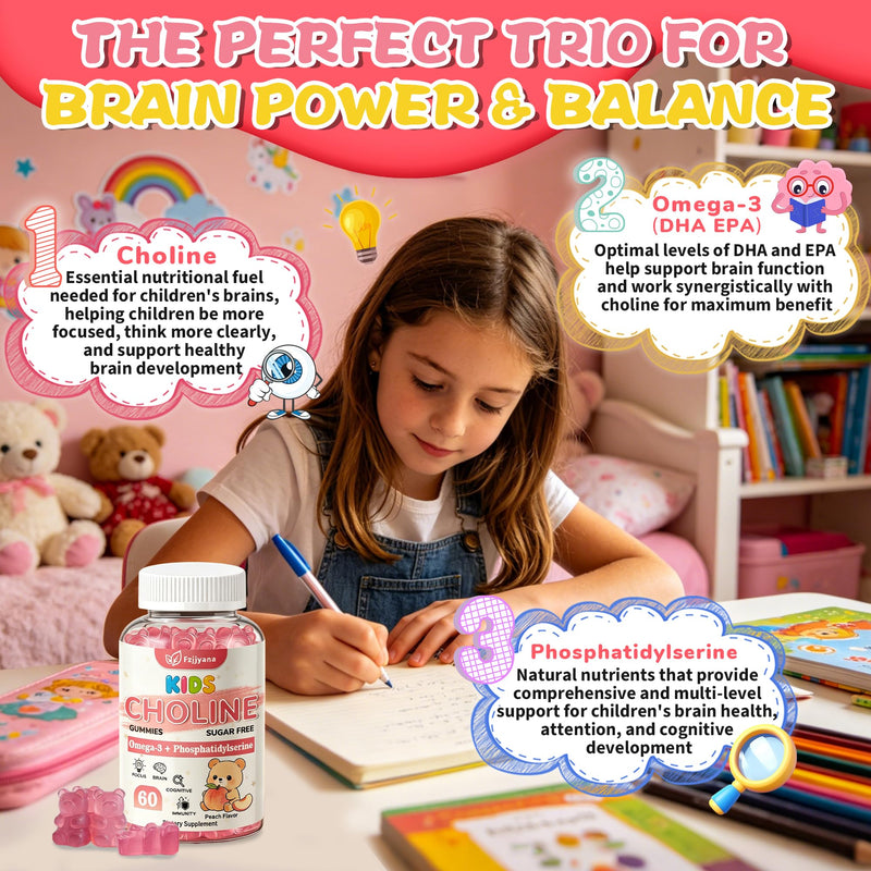 (2 Pack) Choline Supplements Gummies with Omega 3(DHA+EPA),Phosphatidylserine for Kids & Teens 4+ with Vitamin D3,B6 & B12 for Brain Health, Focus, Immune Support, Sugar-Free, Vegan - 120 Count 60 Count (Pack of 2)