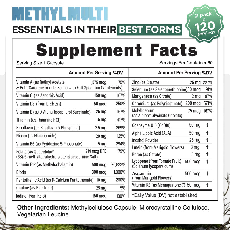 Wild Methylated Multivitamin for Men & Women, MTHFR Supplement 120 Capsules | Without Iron Methylated B12, Folate, Vitamin C, A, K2, D, E, Choline, Biotin, ALA, CoQ10, Non-GMO, Gluten Free, Vegetarian 60 Count (Pack of 2) Men/Women