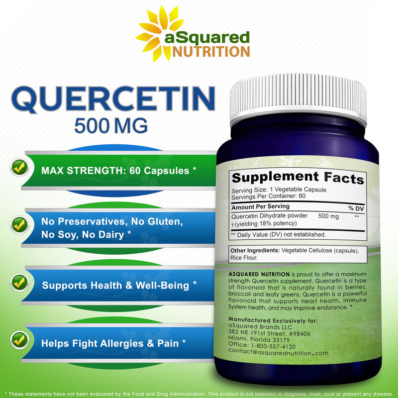 Quercetin 500mg Supplement - 60 Capsules - Dihydrate Powder Complex Pills | Max Strength Quercetin Dihydrate Supplements to Support Cardiovascular Health & Help Improve Immune Response 60 Count (Pack of 1)