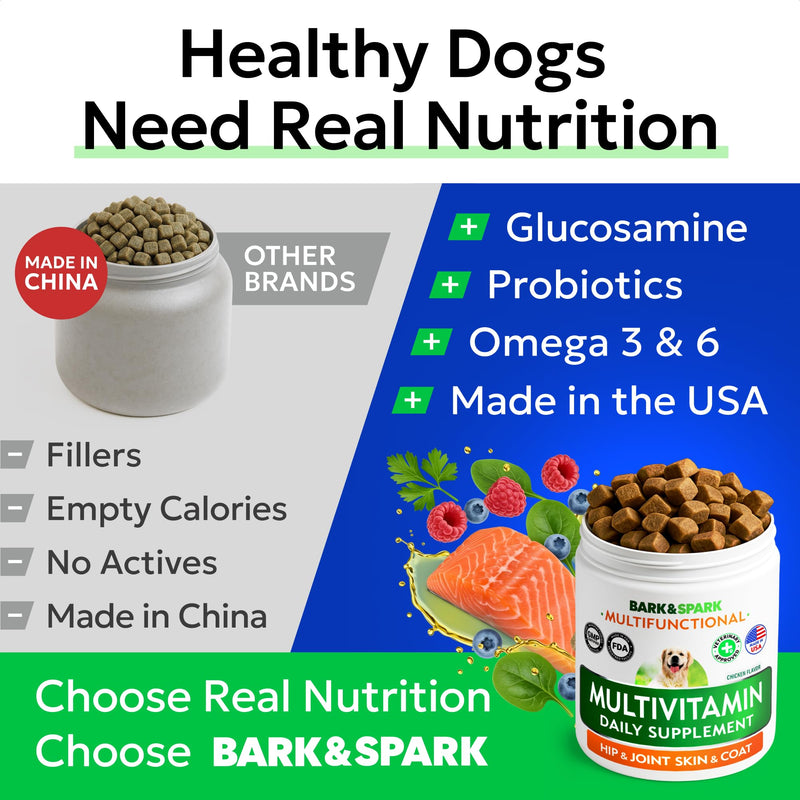 BARK&SPARK Dog Multivitamin Chews Glucosamine Chondroitin with Omega 3, Digestive Enzymes & Probiotics | Vitamins and Supplements for Dogs Pet Skin & Coat & Joint & Gut Health Support - 120ct