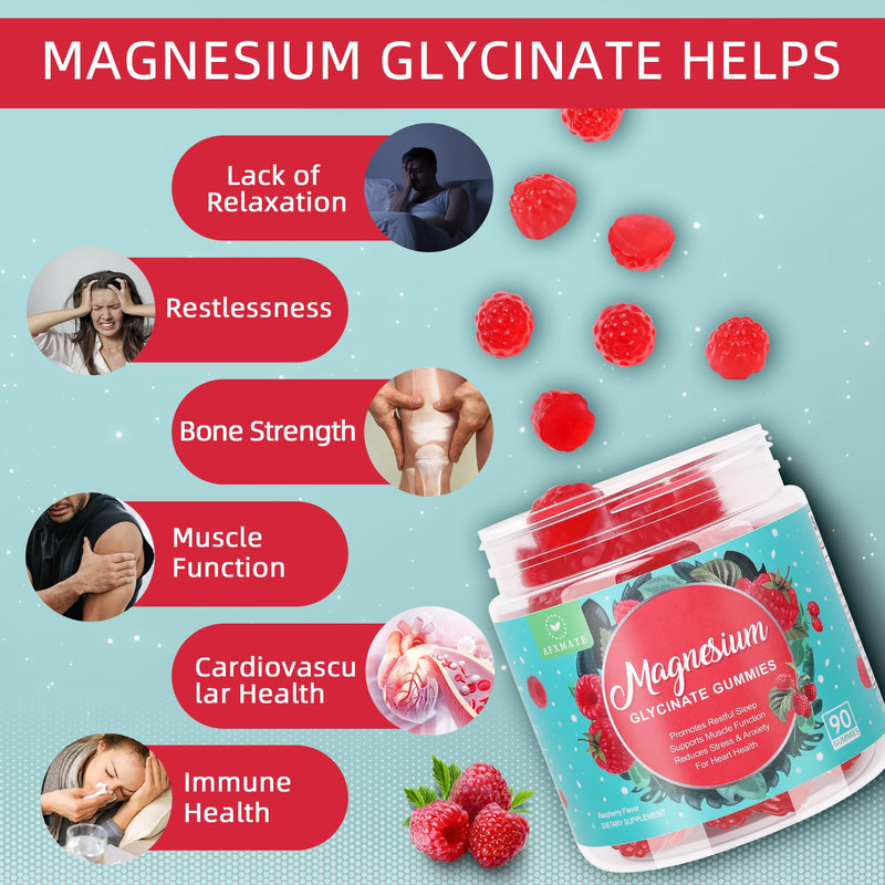 90 Ct Magnesium Glycinate Gummies for Adults Sugar Free | Magnesium Supplement with Glycinate & Malate, L-Theanine, Ashwagandha, Zinc, Vitamin B6 & D3, Supports Relaxation & Sleep Raspberry 90 Count (Pack of 1)