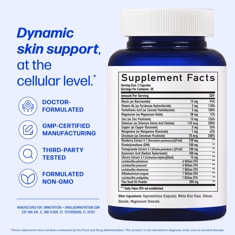 Clear Skin Supplement Acne Support, Zinc DIM, Probiotics, Doctor-Formulated | 3-in-1 Hormone, Gut & Complexion Support, Triple Action Hyaluronic Acid & Vitamins for Skin Balance and Glow, 60 Capsules 60 Count (Pack of 1)