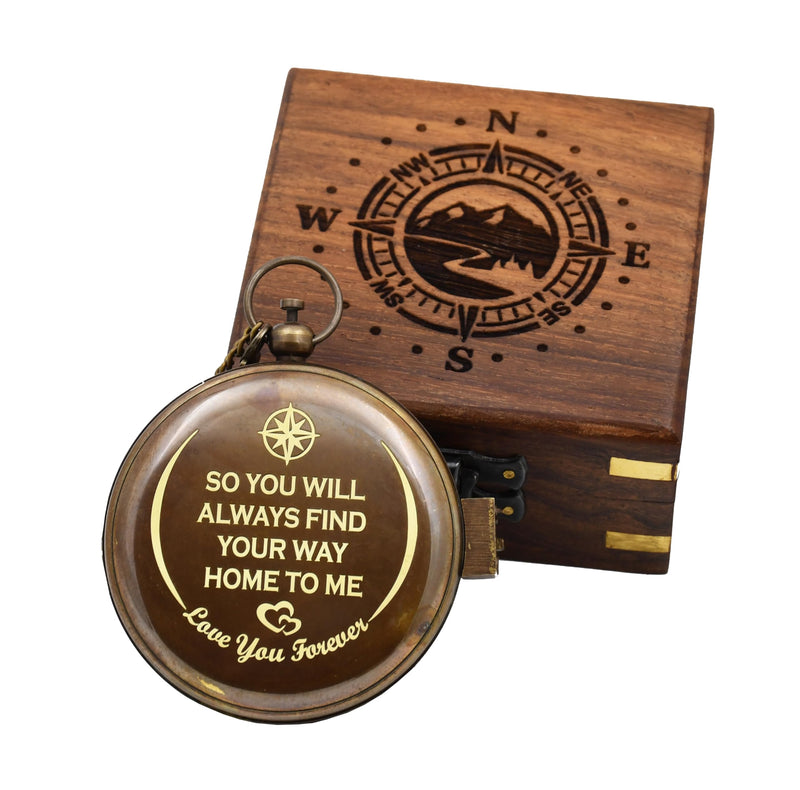 So You Can Always Find Your Way Back to Me - Personalized Sundial Compass with Wooden Box Luxury Gift - Anniversary Sundial Compass - Brass Compass Personalised Gifts for Men