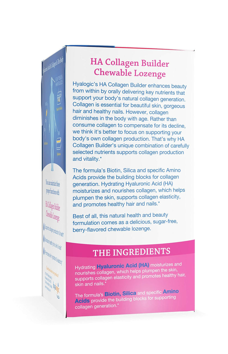 Hyalogic Hair Skin & Nails Hyaluronic Acid Collagen Builder – Delicious Berry Flavored Collagen Boost Chewable Lozenges – Sugar Free Vegan Collagen Ideal to Enhance Your Natural Beauty – 30 Count