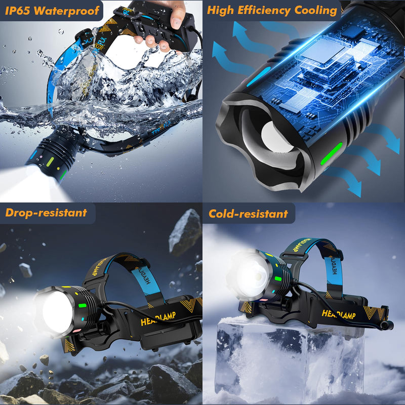 12 Modes 4000 Headlamp Motion Sensor Red Warning Z-oomable Energy Saving, More Than 95 Hour Standby Head Lamp, IP65 Waterproof and 125° Head Light for Camping Hiking Hunting Hardhat