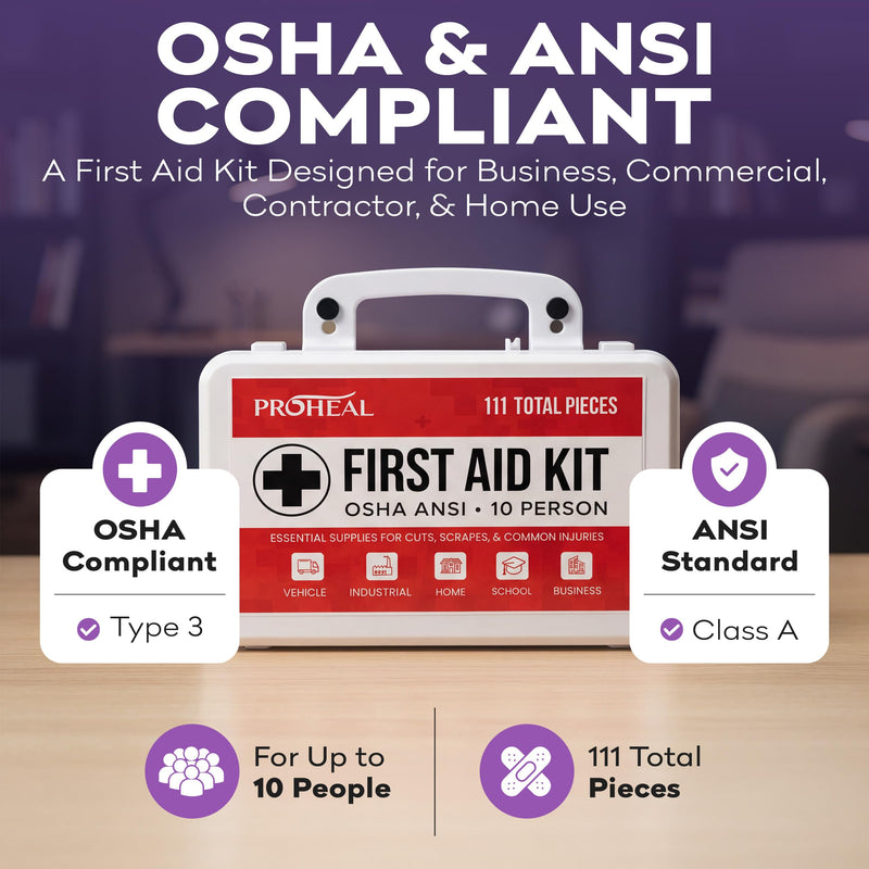 OSHA Compliant First Aid Kit - 10 Person, Type III, ANSI Class A, 111 Pieces Emergency Kit for Business, Office, Home, Workplace, Truck, Car & Construction Site - Latex Free, Wall Mountable | ProHeal 10 Person Kit
