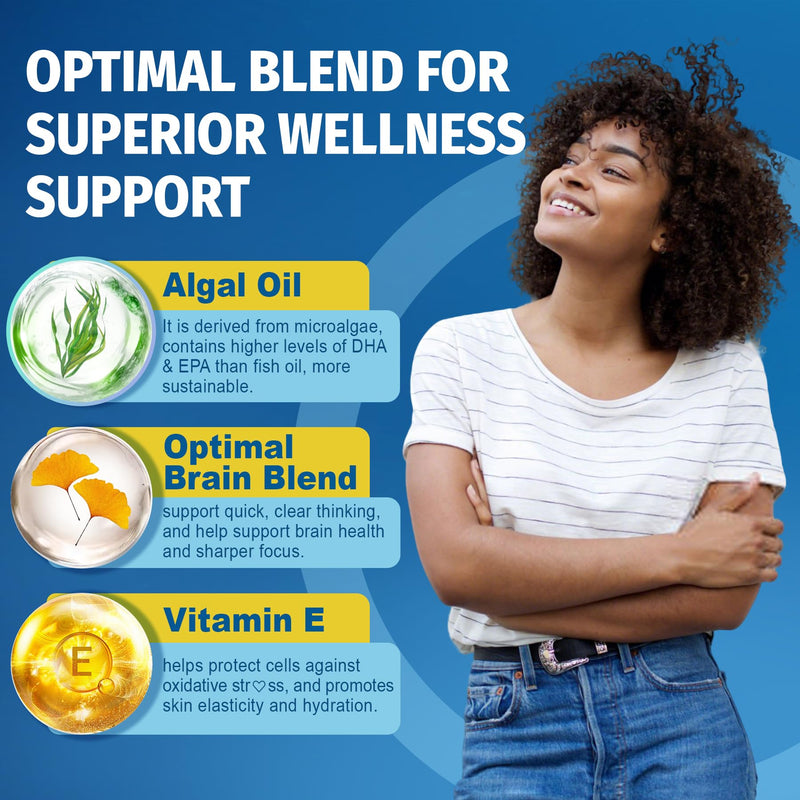 Algae Oil Omega 3 Supplement, Plant-Based EPA & DHA Fish Oil Alternative with Methylated B12, B6, B9, Vitamin E - Vegan Softgels for Brain, Energy, Immune Support for Women & Men, Non-GMO, 240 Count 120 Count (Pack of 2)