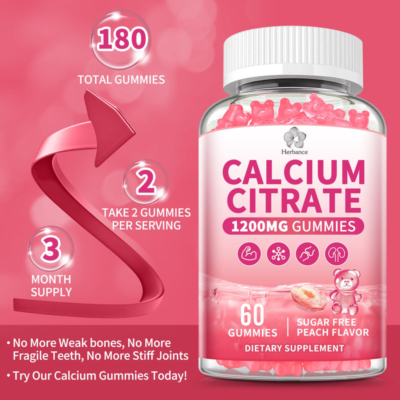 Pure Calcium Citrate 1200 mg Gummies for Adults Kids, High Absorption Calcium Supplements for Women & Men, Sugar Free, Non-GMO, Gluten Free, Supports Bone,Teeth,Muscle & Immune - Peach Flavor, 2 pack. 60 Count (Pack of 2)