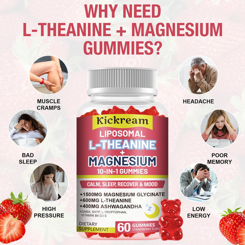 Liposomal Magnesium Glycinate 1500mg L-Theanine 600mg Gummies with Ashwagandha, GABA, 5HTP, Vitamin B6 & D3, Lemon Balm Leaf, L theanine Supplement Magnesium Gummies for Relax Mood & Muscle, 1 Pack 60 Count (Pack of 1)