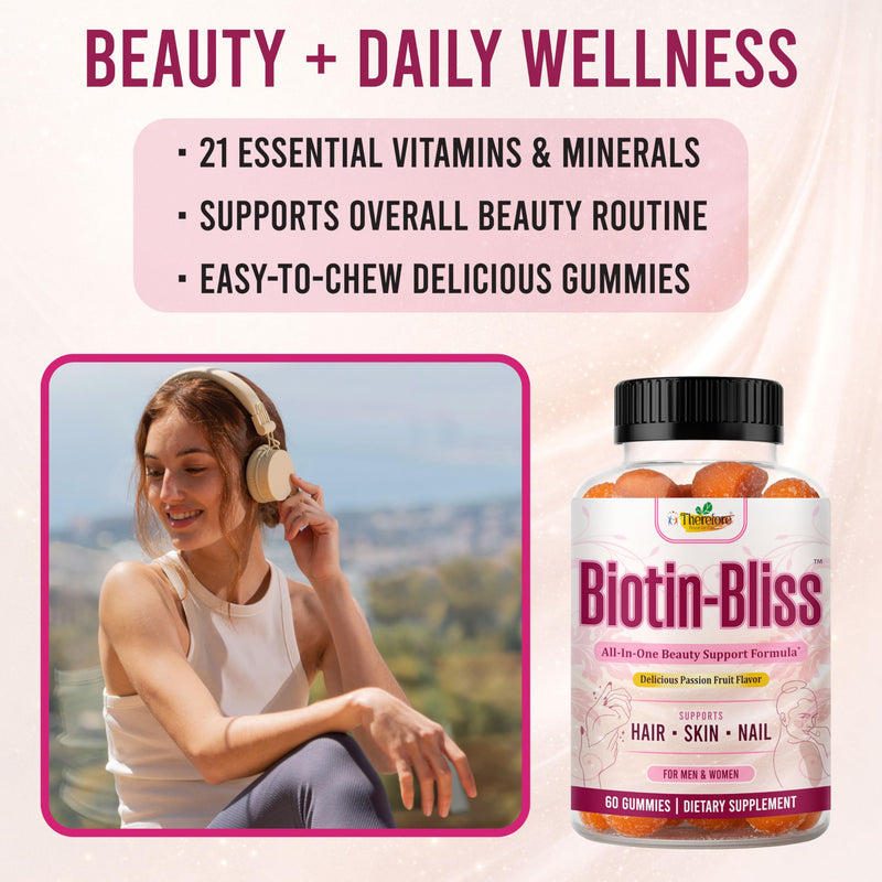 Therefore Hair Skin and Nails Gummies with Biotin 2500mcg, Collagen, Vitamin C, E & Zinc – Beauty Supplement for Women & Men – Daily Hair, Skin & Nail Wellness Support, 60 Gummies