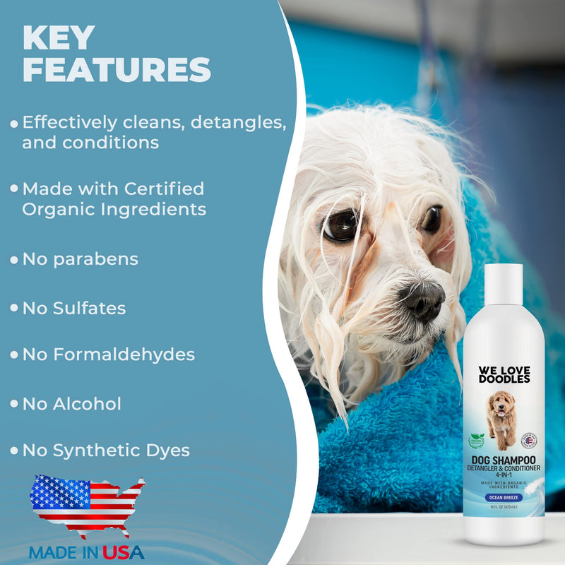 USDA Organic Dog Shampoo, Conditioner & Detangler - Best Shampoo for Goldendoodles, Poodles & Doodles - for Matted Pet Hair - Sensitive Skin Shampoo for Puppies - Made in The USA, 16OZ (Ocean Breeze) Ocean Breeze - BeesActive Australia