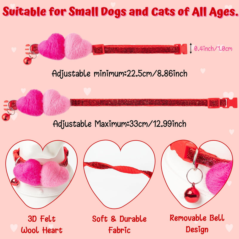 MALLMALL6 Valentines Wool Felted Heart Small Dog Collar, Adjustable Soft Bling Red Quick Release Snap Buckle Puppy Collar with Bell, Rose Pink Love Theme Pet Collar for Girl Boy Dogs Cats - BeesActive Australia