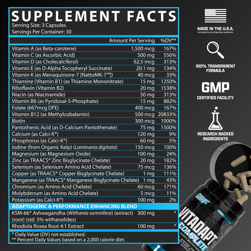 Nutrex Research Vitadapt Complete Sports Multivitamin for Men - 24 Vitamins, KSM-66 Ashwagandha and Minerals for Athletes - Mens Multivitamin (90 Capsules) 1
