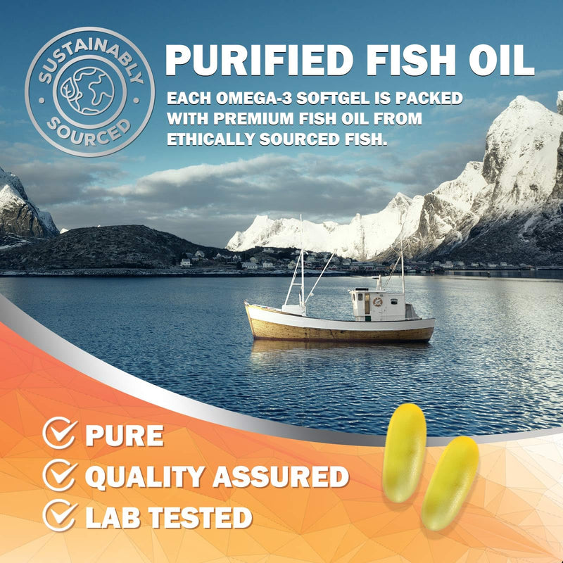 Omega 3 Fish Oil Supplements - 2400mg Fish Oil Per Serving - Triple Strength Omega-3 with EPA & DHA Fatty Acids - Natural Heart, Brain & Immune Support - Wild Caught, Bottled in USA - 180 Softgels 180 Count (Pack of 1)