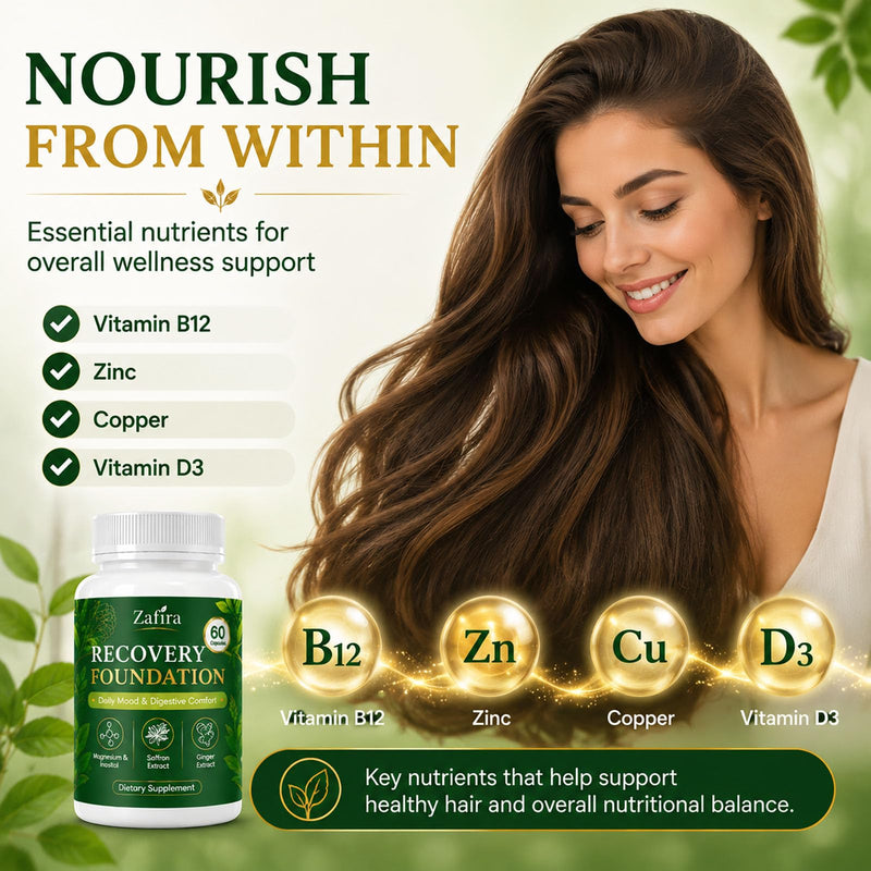 Zafira Organics Saffron Supplements, Zafira Recovery Foundation Capsules for Daily Wellness Support & Digestive Comfort with Saffron Extract, Magnesium Bisglycinate, Ginger, Zinc, Vitamin D3 & B12 1 pcs