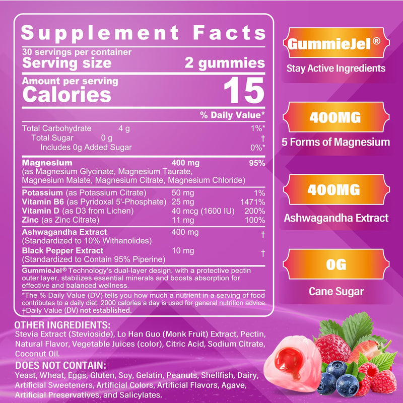 Magnesium Glycinate Gummies for Adults – 5 Forms, Magnesium 400mg, Vegan | Magnesium Complex for Women & Men Supplement with D3, Zinc & Ashwagandha, Calm Mood & Muscle Support, Sugar Free, 120Cts 60 Count (Pack of 2)