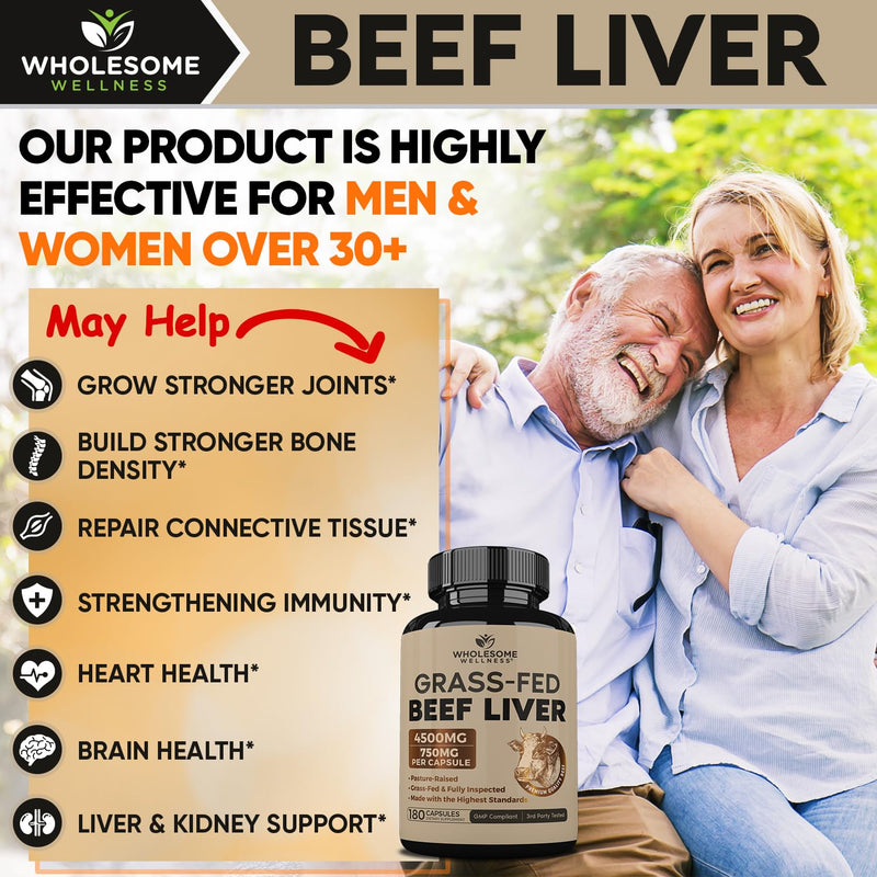 Wholesome Wellness Grass Fed Desiccated Beef Liver Capsules (180 Pills, 750mg Each) - Natural Iron, Vitamin A, B12 for Energy - Raised Undefatted in New Zealand Without Hormones or Chemicals - BeesActive Australia