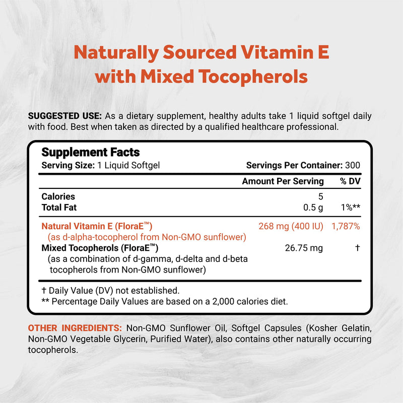 Naturalis Sunflower Vitamin E 268mg (400 IU) 300 Softgels | Sunflower-Sourced Vitamin E with Mixed Tocopherols for Skin Health and Immune Support.* 400 IU 300 Count (Pack of 1)