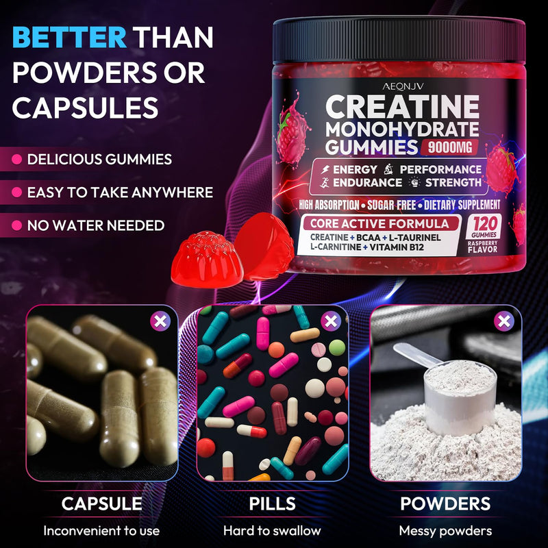 Creatine Gummies Monohydrate Complex 9000MG, Pre-Workout for Men & Women, Creatine Gummy with L-Taurine, BCAA 2:1, B12/6 for Muscle Support, Enhance Strength, Energy Boost-120 Count Raspberry 120 Count (Pack of 1)