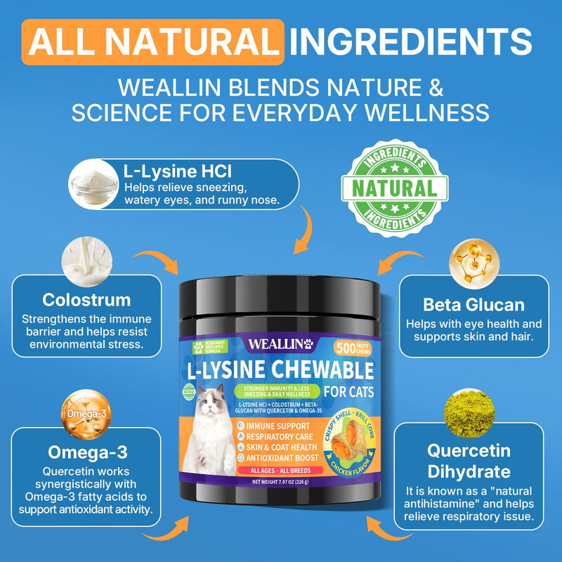 WEALLIN Cat Wellness Bundle, Taurine Multivitamin Treats + L-Lysine Chews for Cats, 2 x 500 Crunchy Krill-Core Chews for Heart, Vision, Immune, Digestive & Respiratory Support