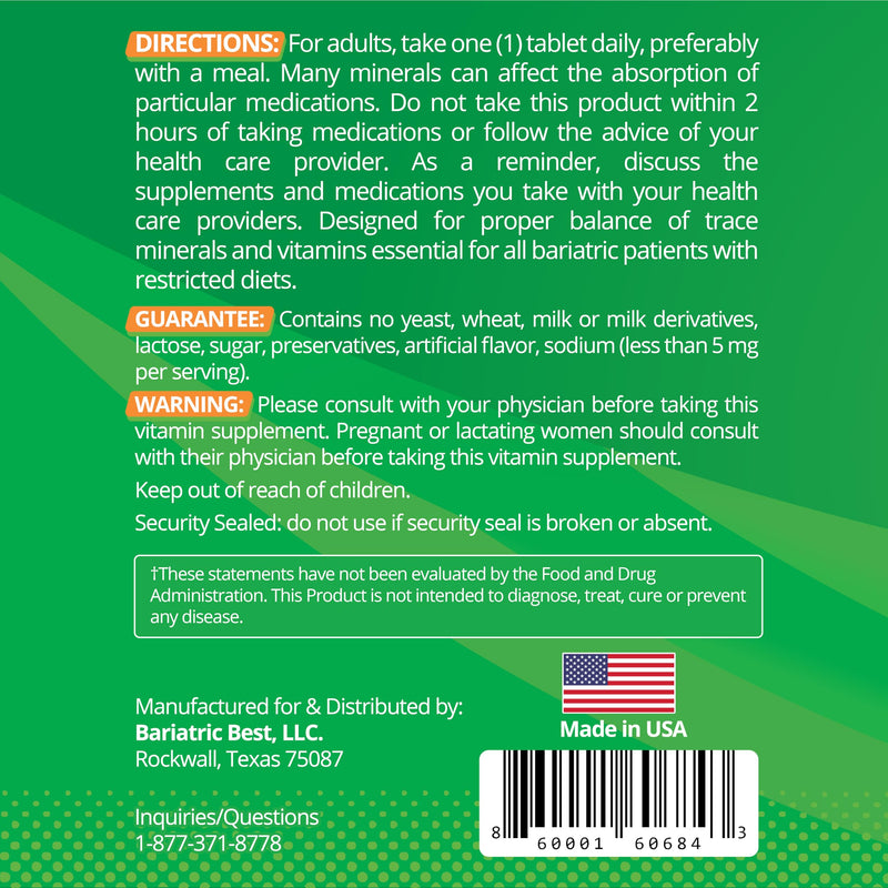 Bariatric Multivitamin with Iron for Post-Gastric Bypass & Sleeve Surgery, Energy Supplements, 90 Tablets, 24 Essential Nutrients, Formulated by Bariatric Surgeons per ASMBS Guidelines