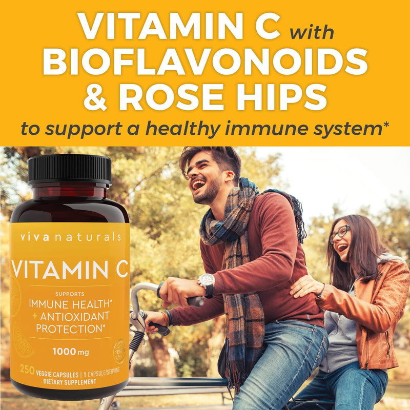 Viva Naturals Vitamin C, 1000 mg, 250 Vegetarian Capsules – with Citrus Bioflavonoids & Rose HIPS, Non-GMO for Immune Support & Antioxidant Protection 250 Count (Pack of 1)