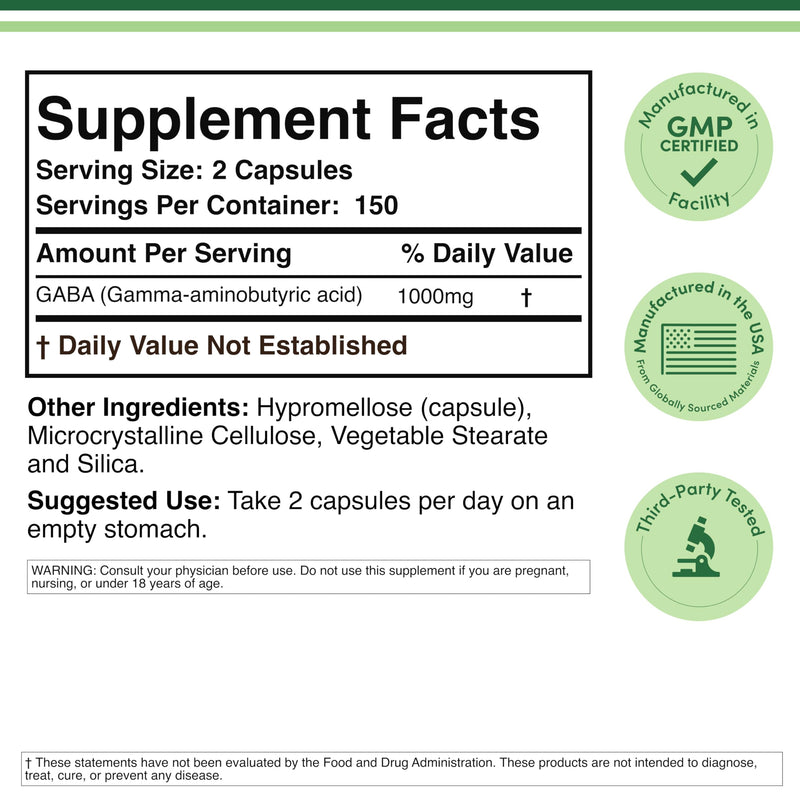 GABA 1,000mg, Calm, Relaxation + Sleep Support, Pure, 300 Capsules | Calm, Relaxation + Sleep Supplement, Pure Single-Ingredient (No Added B-6), Take Before Bed, Non-GMO, Third Party Tested 300 Count (Pack of 1)