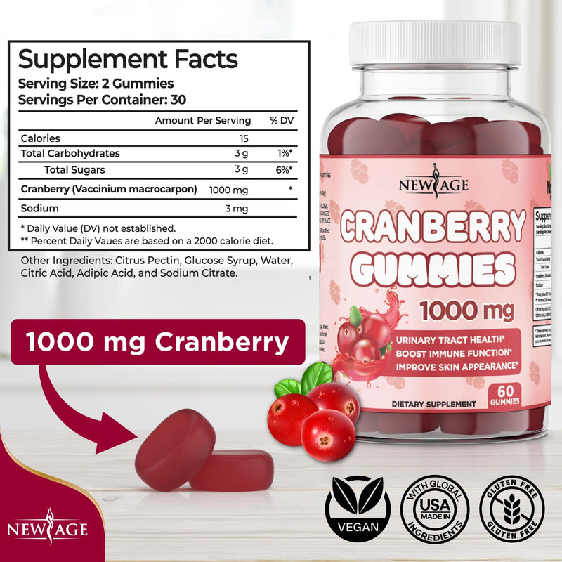 NEW AGE Cranberry Gummies Urinary Tract Health Gummies 1000mg - Supports Bladder, Kidney, UTI - Vegetarian (Cranberry 180 Gummies) 3