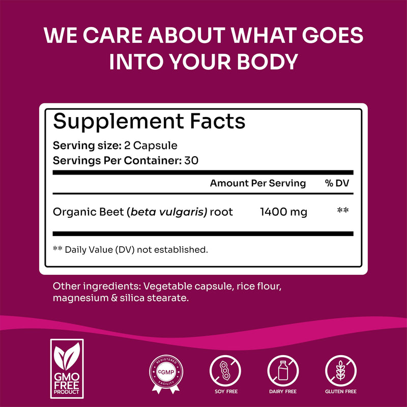 Organic Beet Root Capsules - 1400mg Beetroot Powder for Natural Energy & Endurance Support, Non-GMO, Made in The USA, Beet Supplement - 60 Capsules, 30-Day Supply - BeesActive Australia