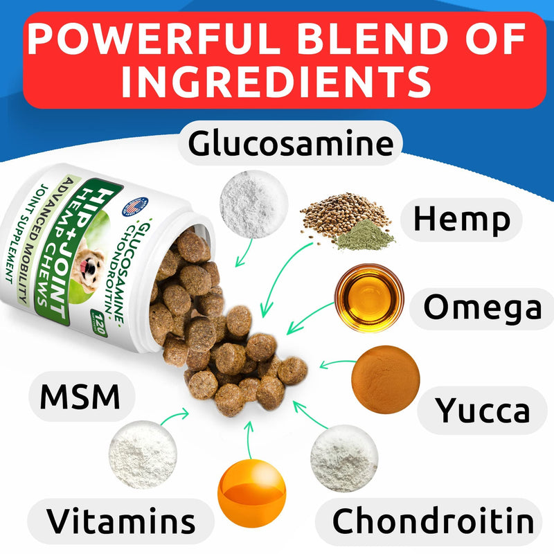 Hemp Treats + Glucosamine + Omega 3 for Dogs Bundle - Joint Pain + Allergy and Itch Relief - Hip & Joint Supplement w/MSM + Chondroitin + Hemp Oil + Omega 3 + EPA & DHA Fatty Acids - 120 + 180 Chews