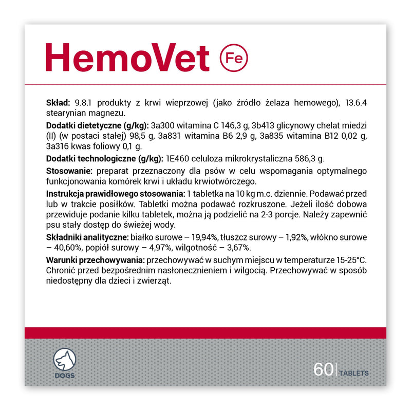 Vet Expert Hemovet Iron Supplement for Dogs – Supports Healthy Blood Cells and Hematopoietic Function, Essential Vitamins & Minerals – 60 Tablets