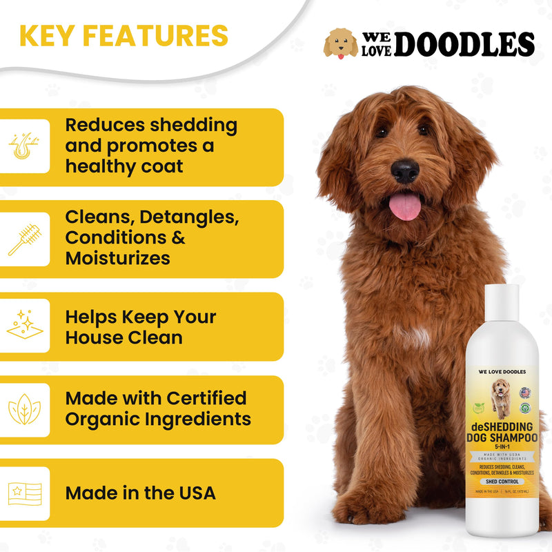 USDA Organic 5-in-1 Deshedding Dog Shampoo & Conditioner, Infuses Skin & Coat with Vitamins & Omega 3 Fatty Acids, Anti-Shed for Puppies, Made in USA, Shed Control for Dogs, 16 oz [We Love Doodles] - BeesActive Australia