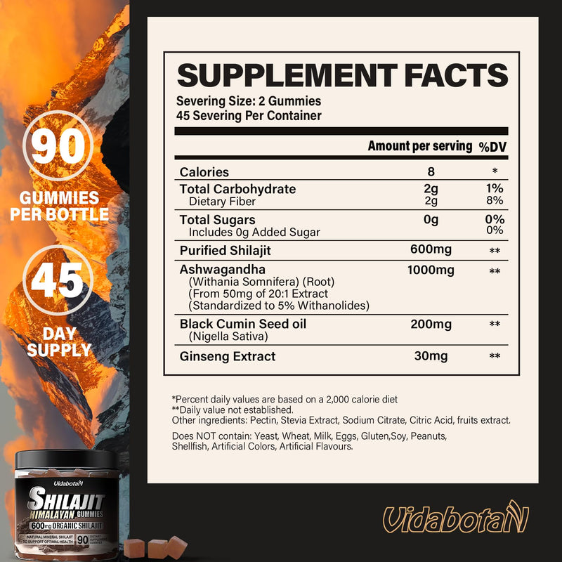 Shilajit Gummies 600 MG, 85+ Trace Minerals, Fulvic Acid, Pure Shilajit with Ashwagnadha, Black Seed Oil for Men & Women, Sugar Free, Lemon Flavor, 90 Gummies - BeesActive Australia