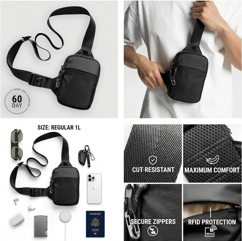 Mini Sling Bag Crossbody Fanny Pack Men & Women - Switchable Strap, RFID Blocking, Water-Repellent, Hidden Pocket Black