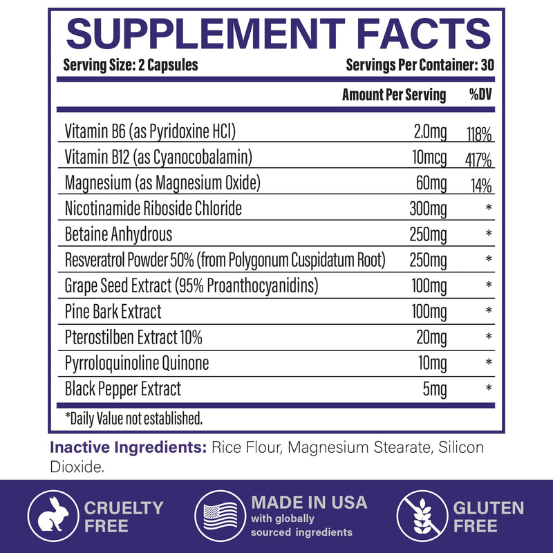 NAD+ Supplement - NAD Resveratrol for Cellular Energy and Stamina - Energy Supplements with Nicotinamide Riboside, Grape Seed and B Vitamins for Healthy Aging for Men & Women - 60 Capsules 60 Count (Pack of 1)