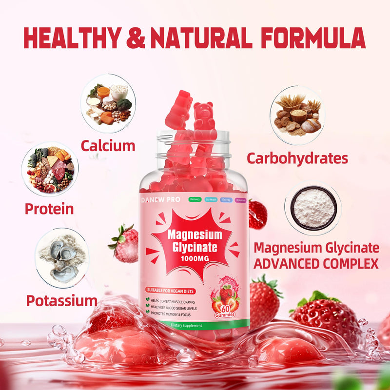 Magnesium Glycinate Gummies 1000mg - Sugar Free Magnesium Potassium Supplement with Vitamin D, B6, CoQ10 for Calm Mood & Sleep Support - 60 Strawberry Gummies 60 Count (Pack of 1)