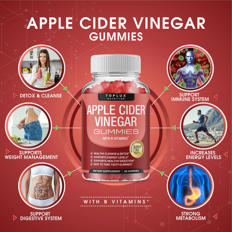 Toplux Apple Cider Vinegar Gummies - 1000mg ACV with B12, Beet Root, Pomegranate for Immune System, Detox & Cleanse, Gummy Alternative to Apple Cider Vinegar Capsules, for Men Women 2X Pack 30 Count (Pack of 2)