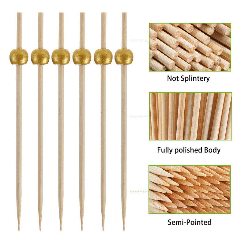 200 Pcs Cocktail Picks, 4.7 Inch Toothpicks for Appetizers, Bamboo Cocktail Sticks Skewers for Drinks, Desserts, Charcuterie, Wedding Party Fancy Toothpicks, Gold Pearl Mini Food Picks Decorative 200 Pcs Gold - BeesActive Australia