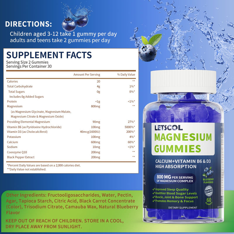 Magnesium Glycinate Gummies, Sugar Free Magnesium Supplement with Magnesium Malate, Calcium, Vitamin D3, B6, CoQ10 for Calm Support & Sleep for Adults Kids Blueberry 60 Count (Pack of 1)