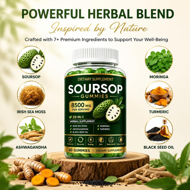 Soursop Gummies with Graviola Leaf Extract, Vitamin C & Zinc - Immune Support, Antioxidant & Calming Relief - Non-GMO, Sugar Free, Gluten Free, Vegan, 60 Count
