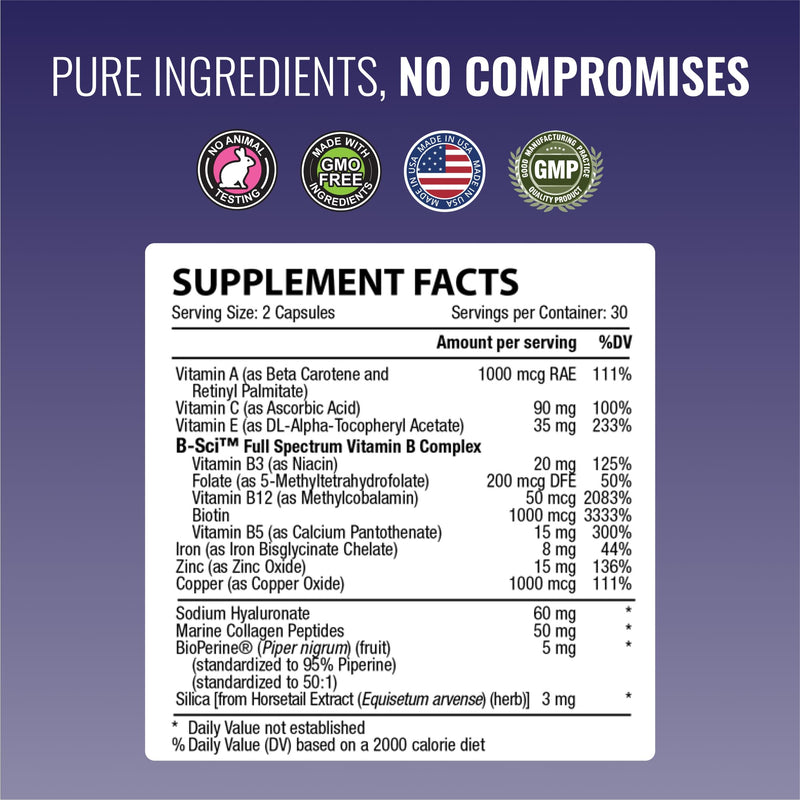 Approved Science Hair, Skin and Nails - Support Supplement - Biotin, Collagen, Vitamin B Complex, Silica, BioPerine - 60 Capsules - 1 Month Supply
