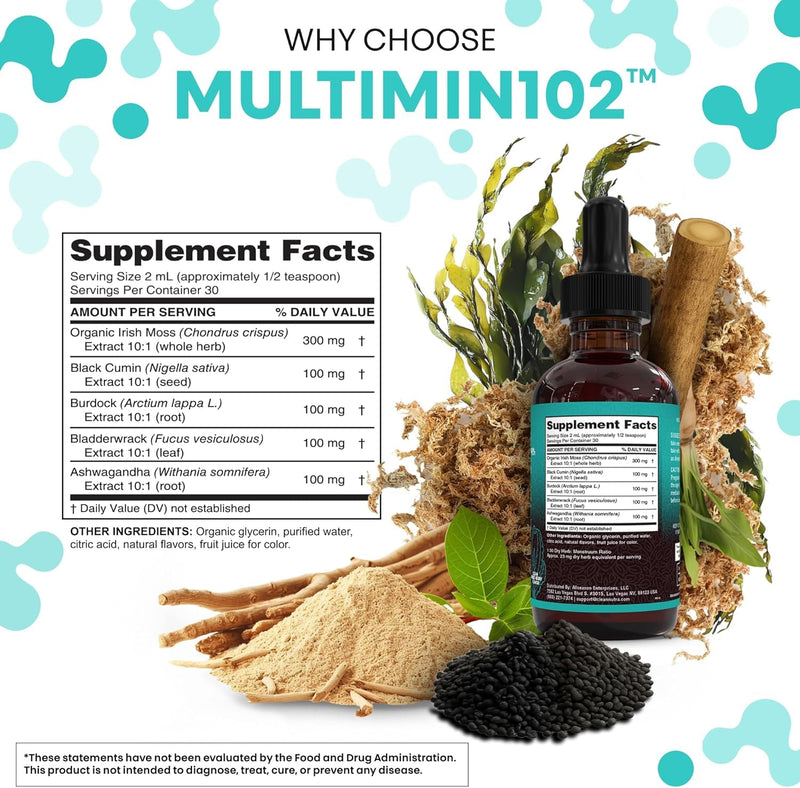 Clean Nutra Organic Sea Moss Drops Supplement | Black Seed Oil Irish Seamoss Ashwagandha Burdock Root & Bladderwrack - Multimineral Liquid Vegan for Gut Heath Energy Skin Immune Support & Hair 1