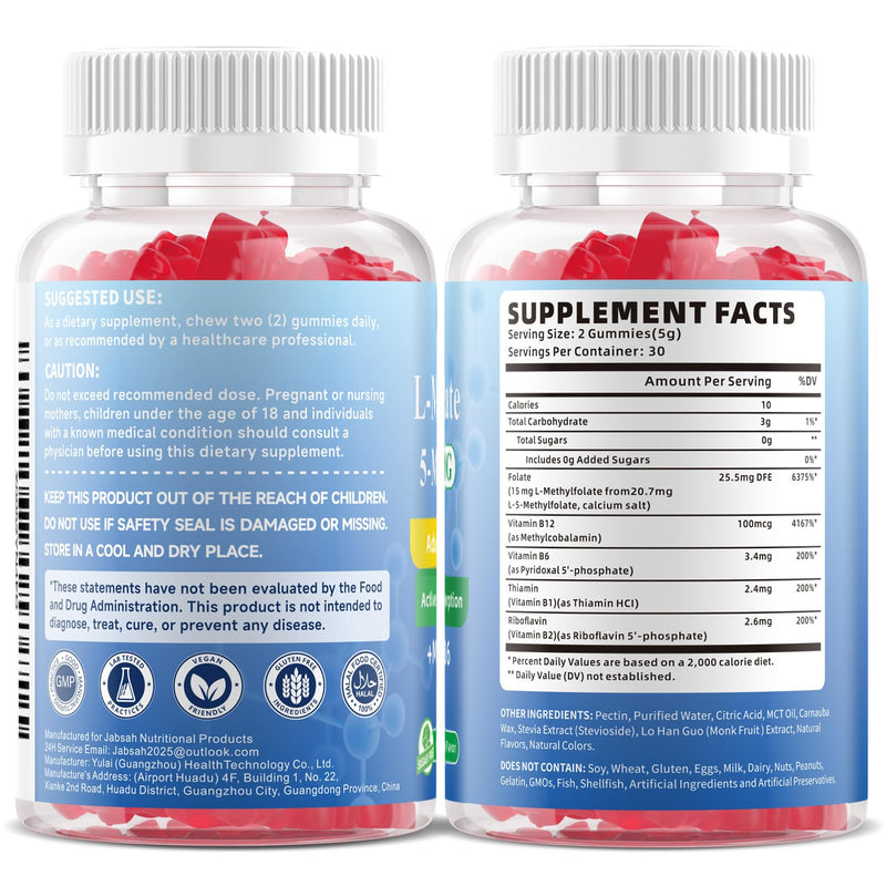 L-MethylFolate 15mg+ Methyl B12 Gummies for Kids & Adults - Active 5-MTHF with Methyl B6, B1, B2 Multivitamin, Supports MTHFR Gene, Cognition, Focus, Vegan, Raspberry Flavor, 120 Count 60 Count (Pack of 2)