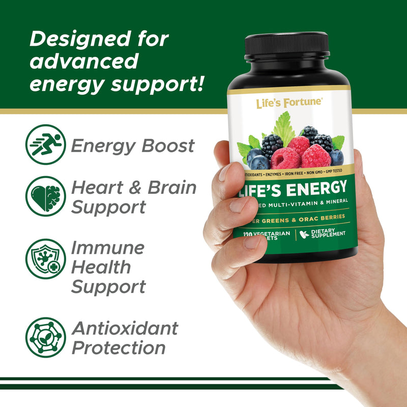 Life's Energy Advanced Daily Multivitamin for Men & Women, Energy & Immune Support Supplement with Super Greens - Antioxidants & Enzymes - Iron Free, Vegetarian, 120 Tablets by Life's Fortune 120 Count (Pack of 1)