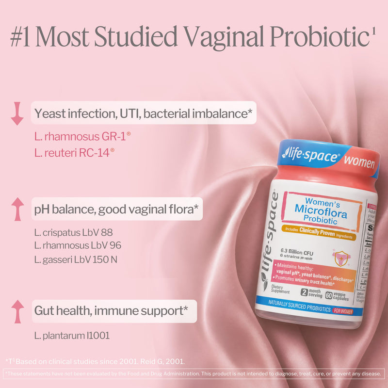 Life-Space Vaginal Probiotic Women's Microflora pH Balance ClinicallyTested | 60-day supply, probiotics for women, 6.3B CFU 6 strains, healthy odor, yeast, discharge, Lactobacillus rhamnosus GR-1, RC-14 A- Women's Vaginal Probiotic 60 Count (Pack of 1)