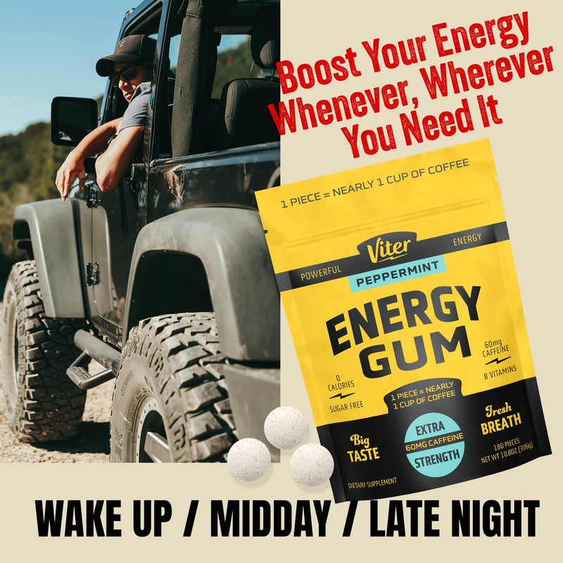 Viter Energy 60mg Caffeine Gum (Peppermint Flavor, 180 Pieces) - Sugar Free, Vitamin B3, B6, B9, B12, Zero Calories, Caffeinated Energy Chews, Nootropic Focus Supplement for Men & Women Peppermint 180 Count (Pack of 1)