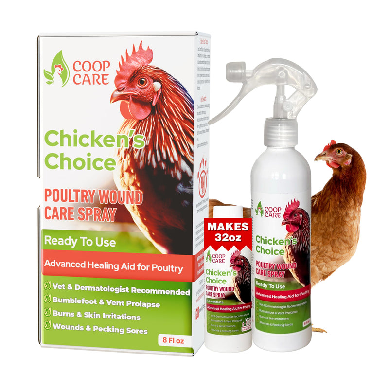 Chicken's Choice Wound Care for Chickens & Birds. Advanced Wound Care Spray for Poultry. Works for Bumblefoot, Vent Prolapse, Pecking Sore, Burns & Skin Irritations. Makes 32 oz Spray. 32 Fl Oz