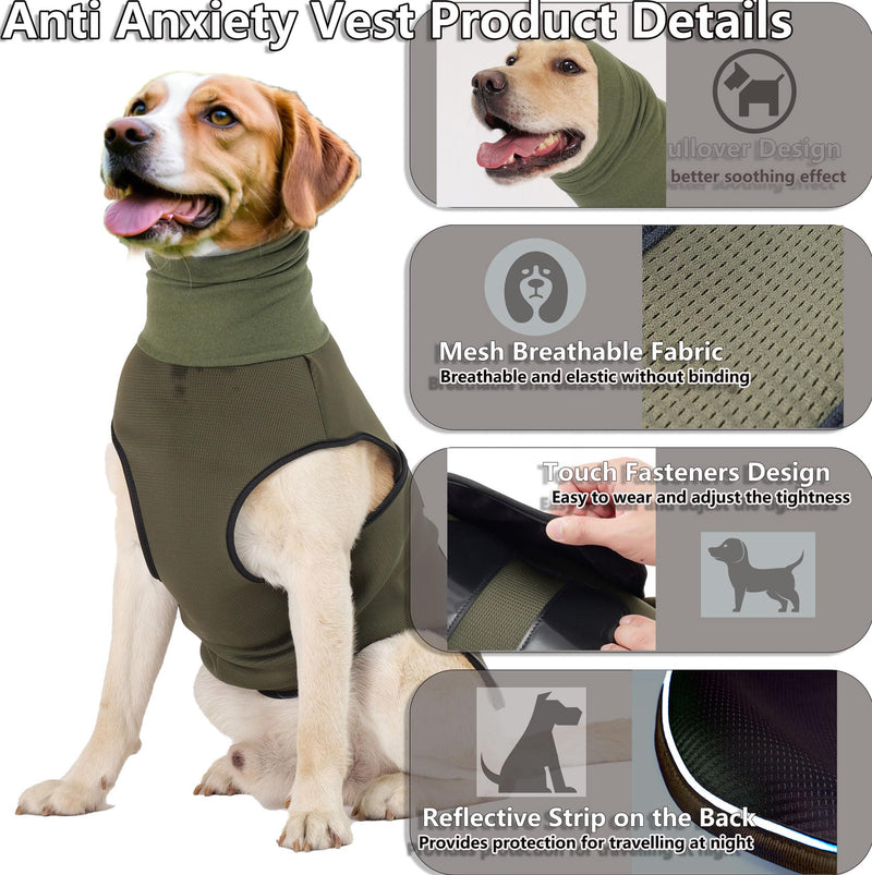 TOPSOSO Anti-Anxiety Dog Jacket with Hood Turtleneck Dog Vest Calming Coat Velcro Fastener for Easy Adjustment and Reflective Strips Dog Coat for Anxious Large Dogs (Olive L) Olive Green - BeesActive Australia