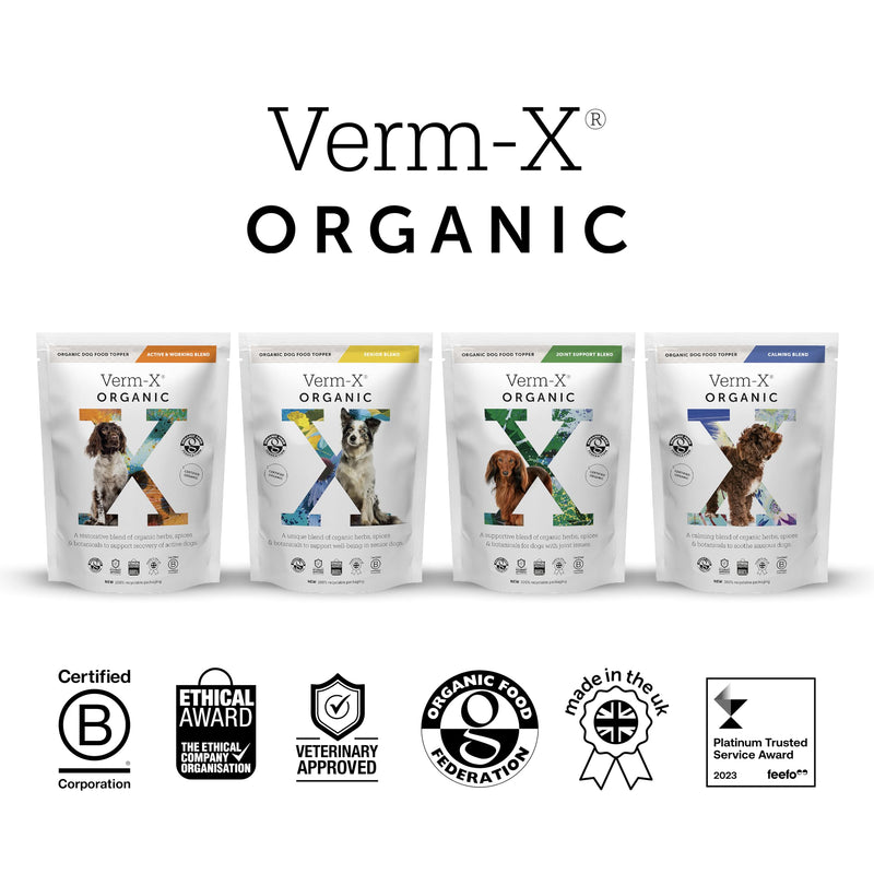 Verm-X Organic Food Supplement for Anxious Dogs. With Passion Flower, Chamomile and Valerian to help Soothe and Calm Sensitive Dogs or Dogs with Situational Anxiety.