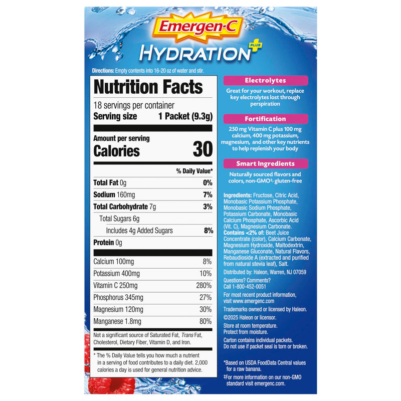 Emergen-C Hydration+ Sports Electrolyte Replacement Sports Drink Mix Powder with Vitamin C, Raspberry Splash Flavor, Back to School Essentials - 18-0.33 oz On The Go Packets (Pack of 36) 0.33 Ounce (Pack of 36)